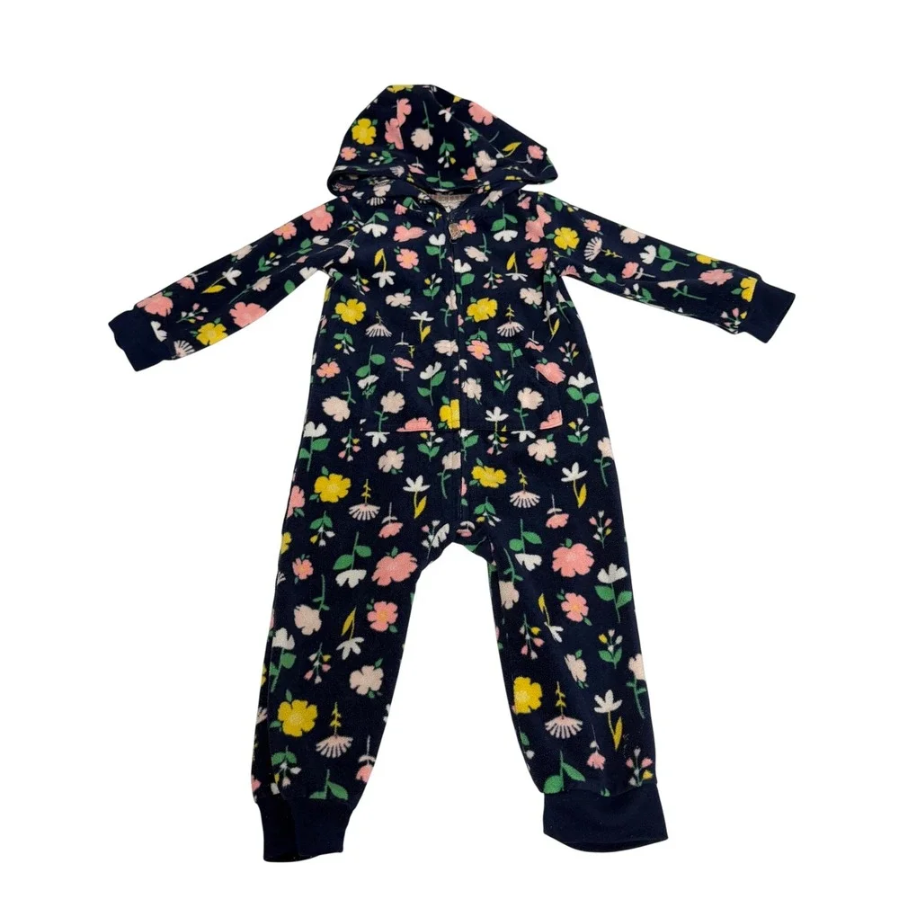 Carter's Baby Girls 18M Navy Blue Floral Fleece Hooded Full Zip Jumpsuit